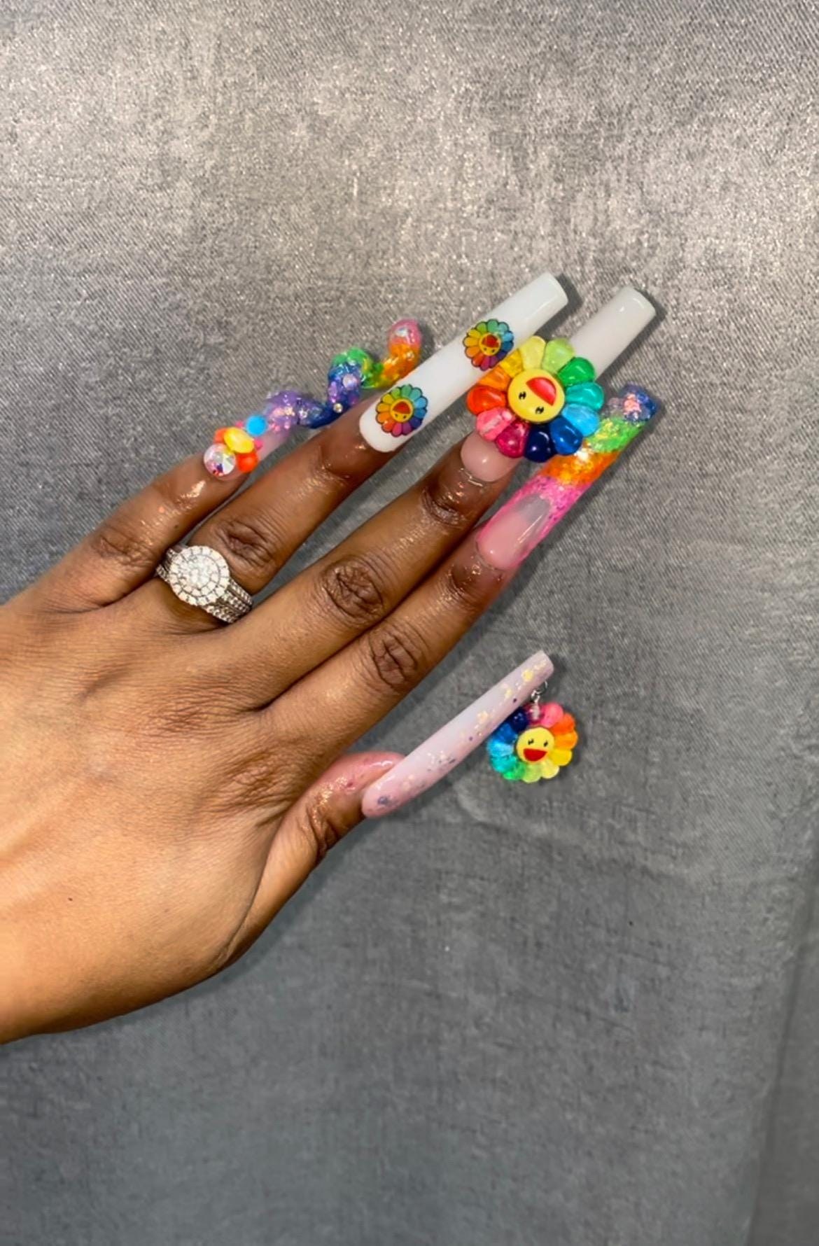 Happy flower acrylic nails, view 2