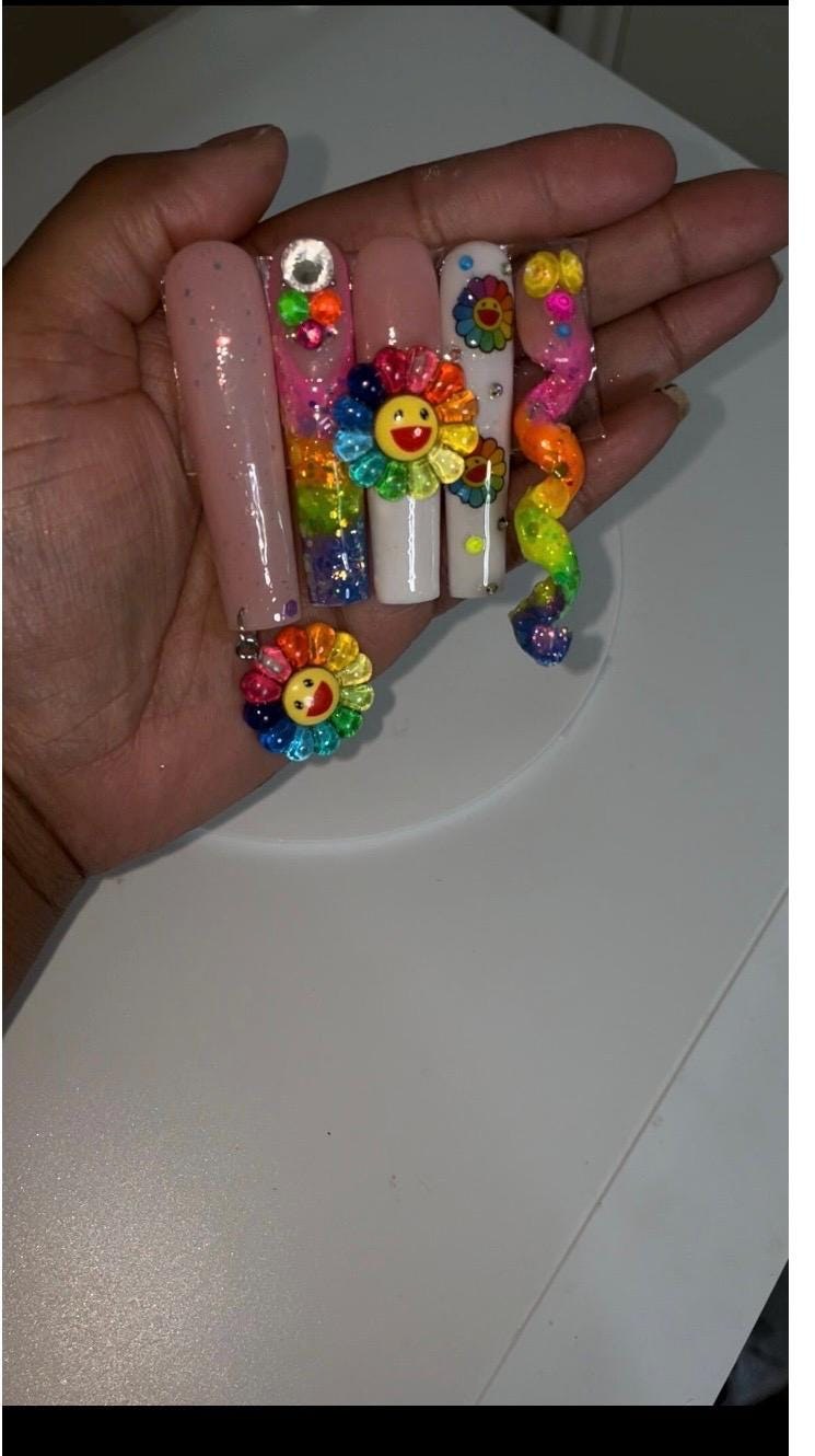 Happy flower acrylic nails, view 5