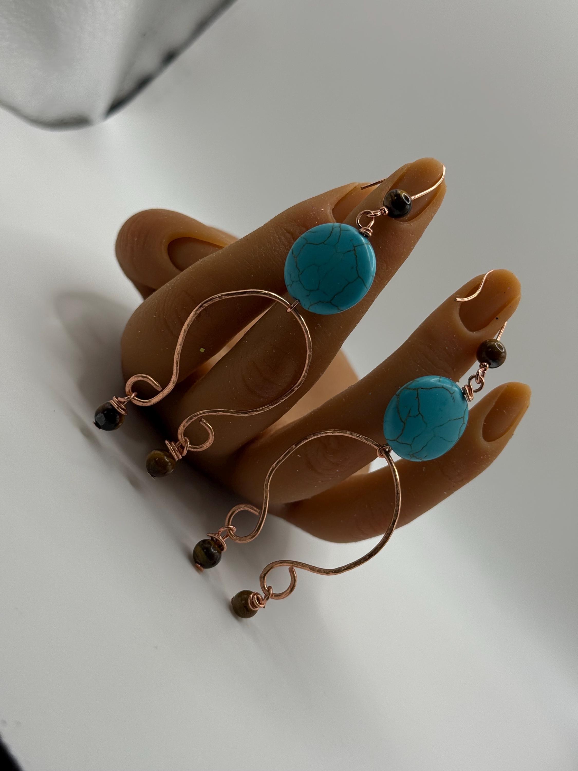 Turquoise/TigerEye/copper earrings, view 2