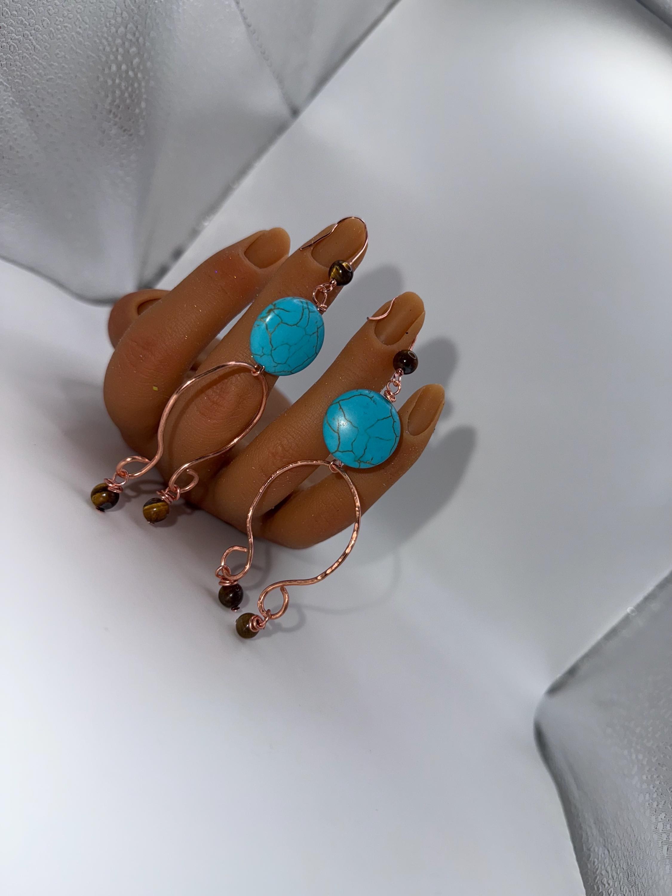 Turquoise/TigerEye/copper earrings, view 3