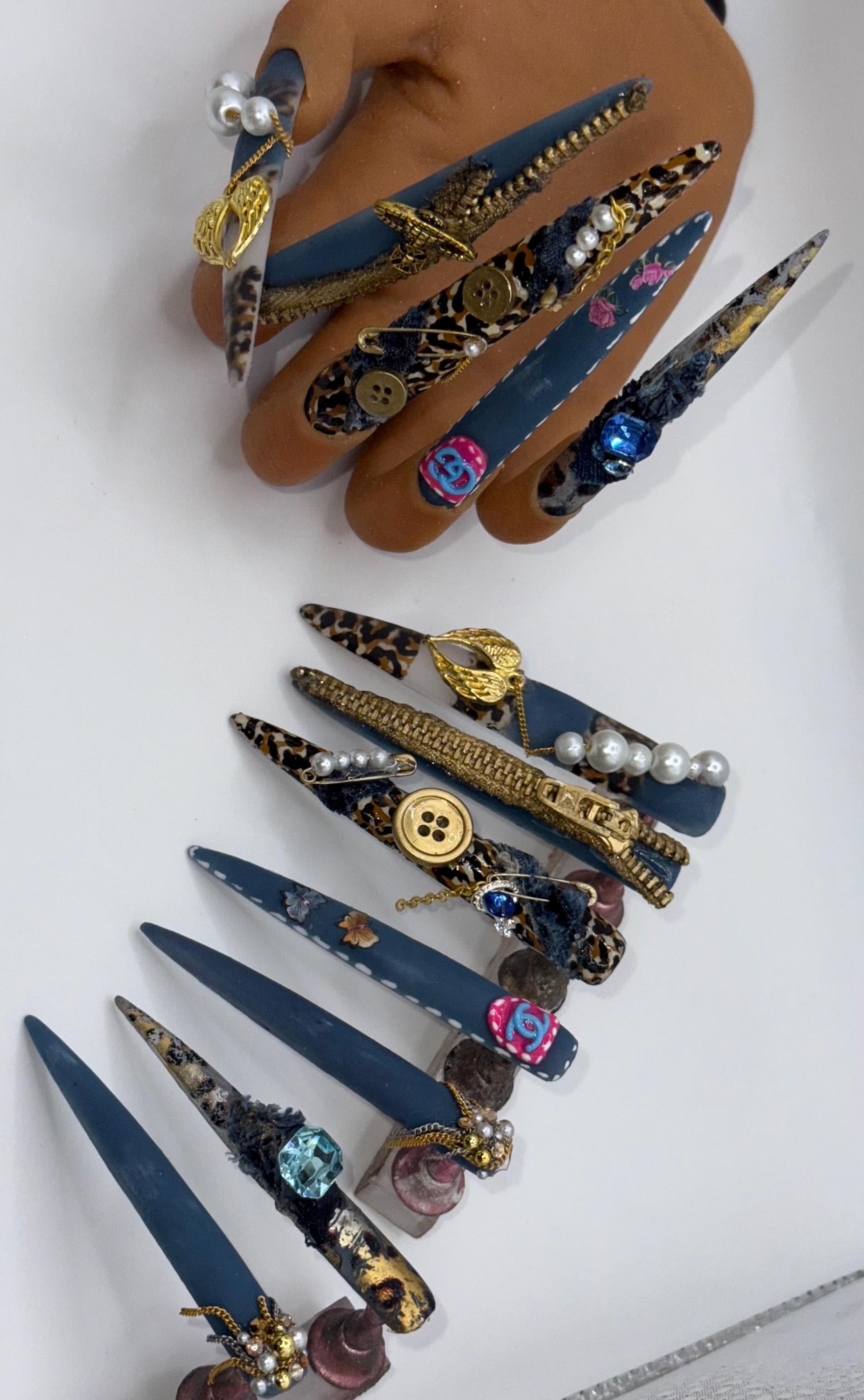 6x blue Jean acrylic freestyle handmade acrylic press-on nail set