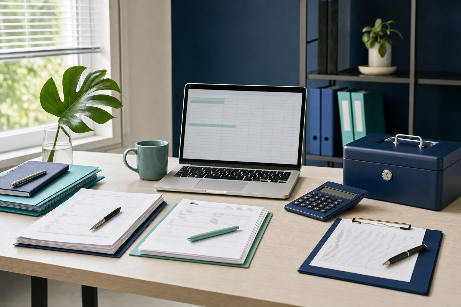 Organized accounting desk with tax documents, calculator, laptop and locked cash box