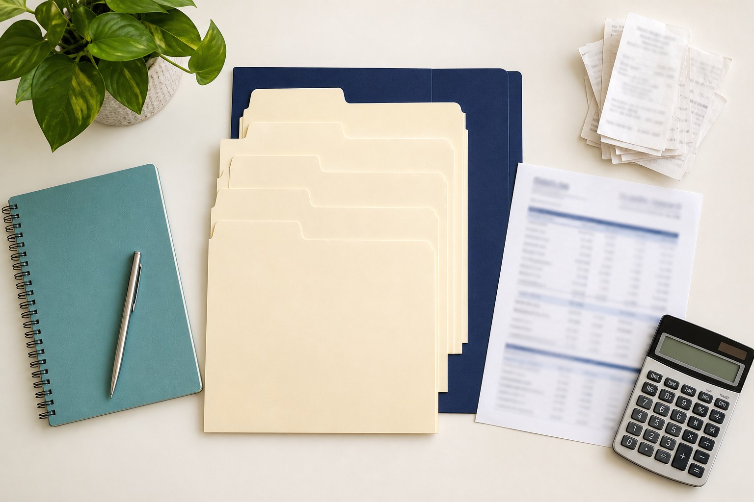 Organized folders, accounting records, receipts, notebook and calculator on a desk