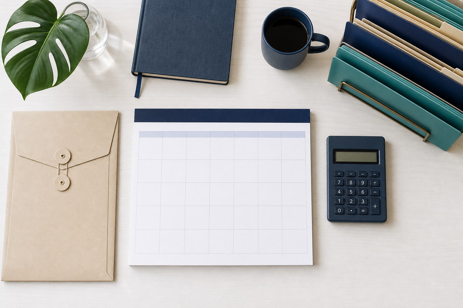 Calendar, calculator, document envelope and accounting folders prepared for a financial review
