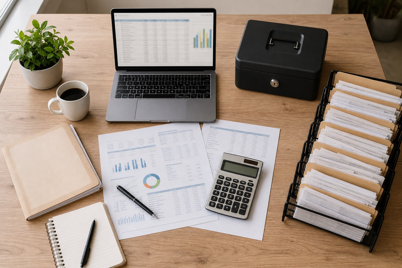 Accounting desk with financial reports, calculator, receipt folders and a locked cash box