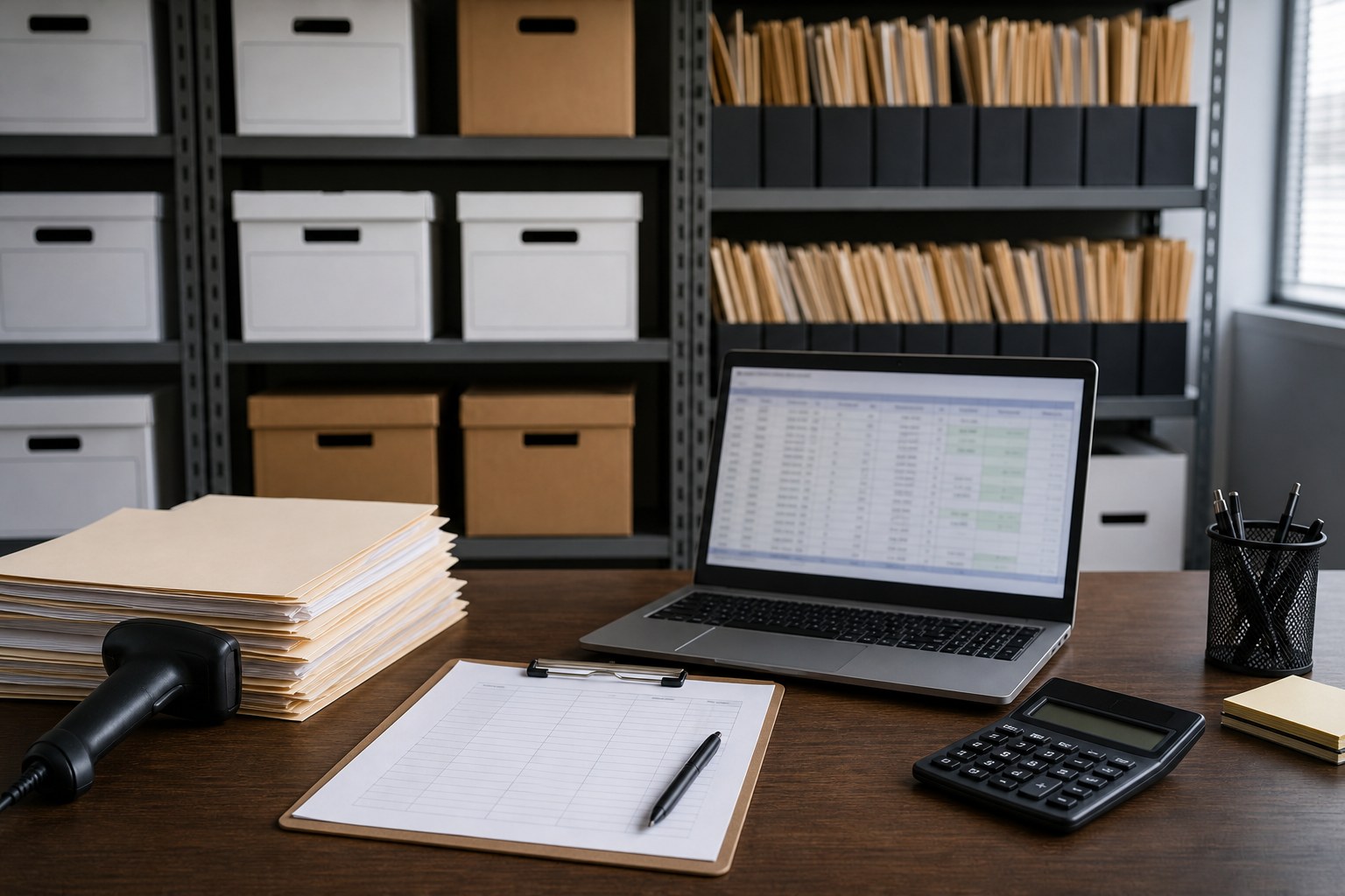 Inventory folders, barcode scanner, laptop and calculator prepared for a purchasing review