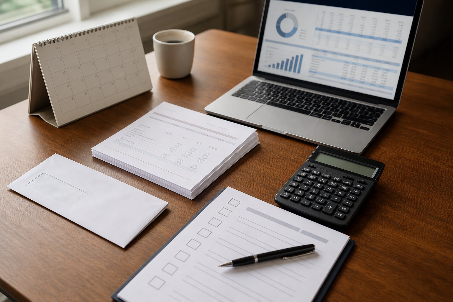 Calendar, financial reports, checklist, calculator and folders set out for a month-end accounting review