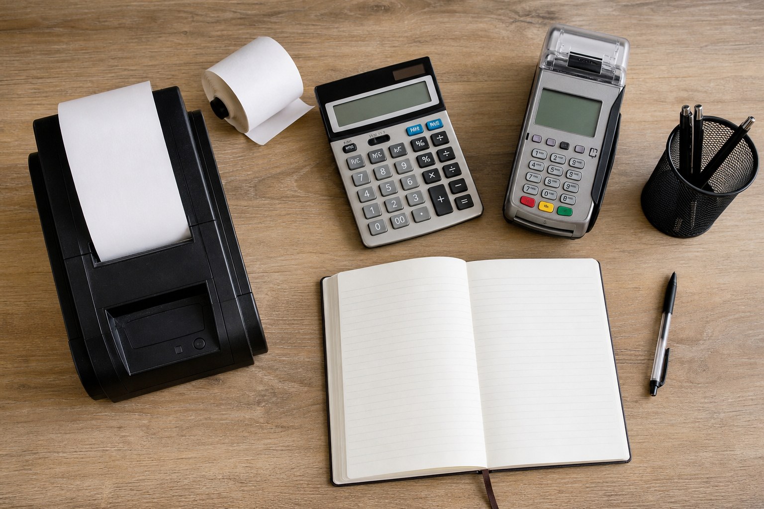 Receipt roll, payment terminal, calculator and ledger ready for a daily sales reconciliation