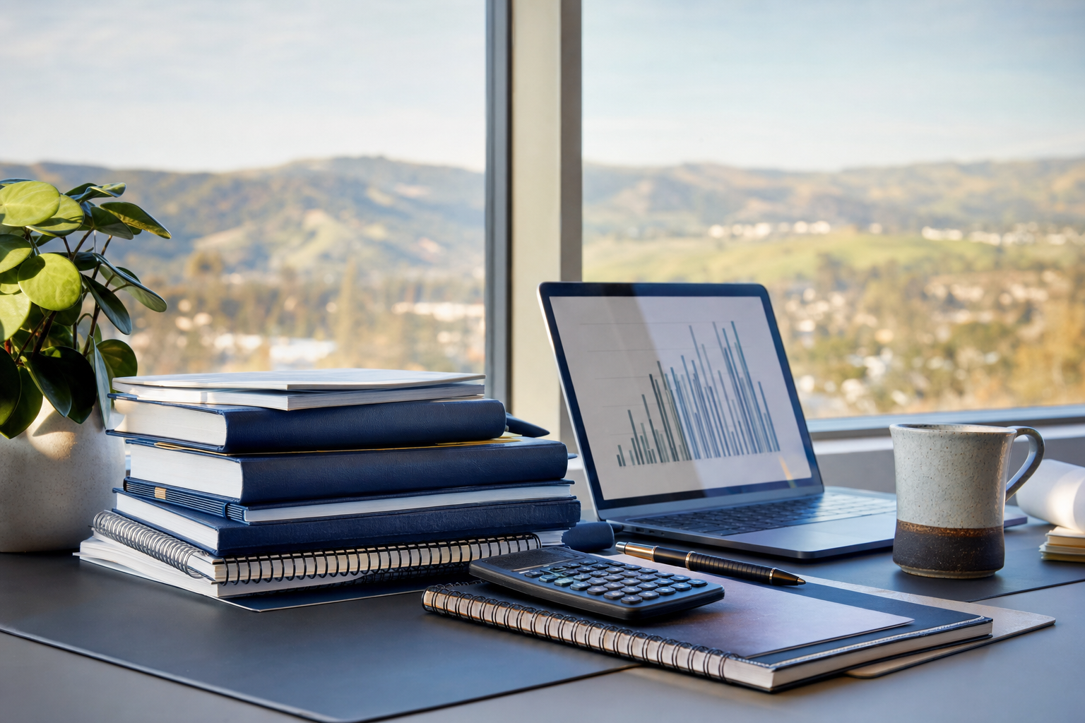 Organized ledgers, calculator and laptop in a light-filled accounting workspace