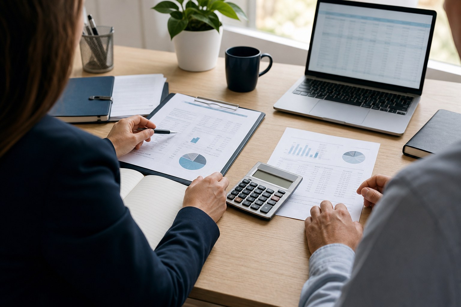 Small business owner reviewing financial reports with an accountant