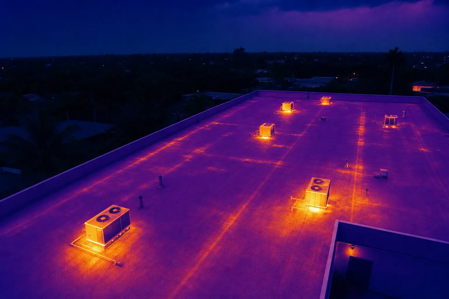 Thermal aerial view of a commercial roof and HVAC equipment