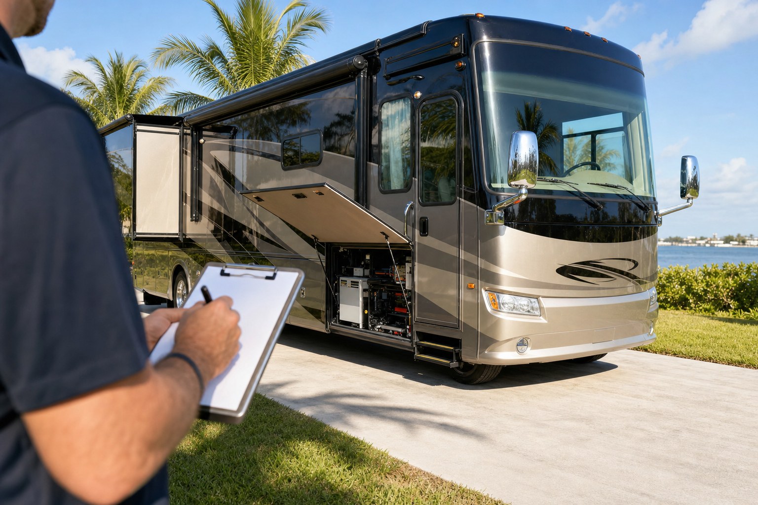Inspector reviewing a clipboard beside an open Class A motorcoach service bay