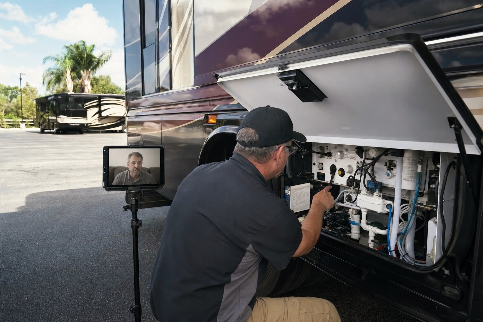 Independent inspector reviewing a motorcoach service bay while a buyer joins remotely by video call