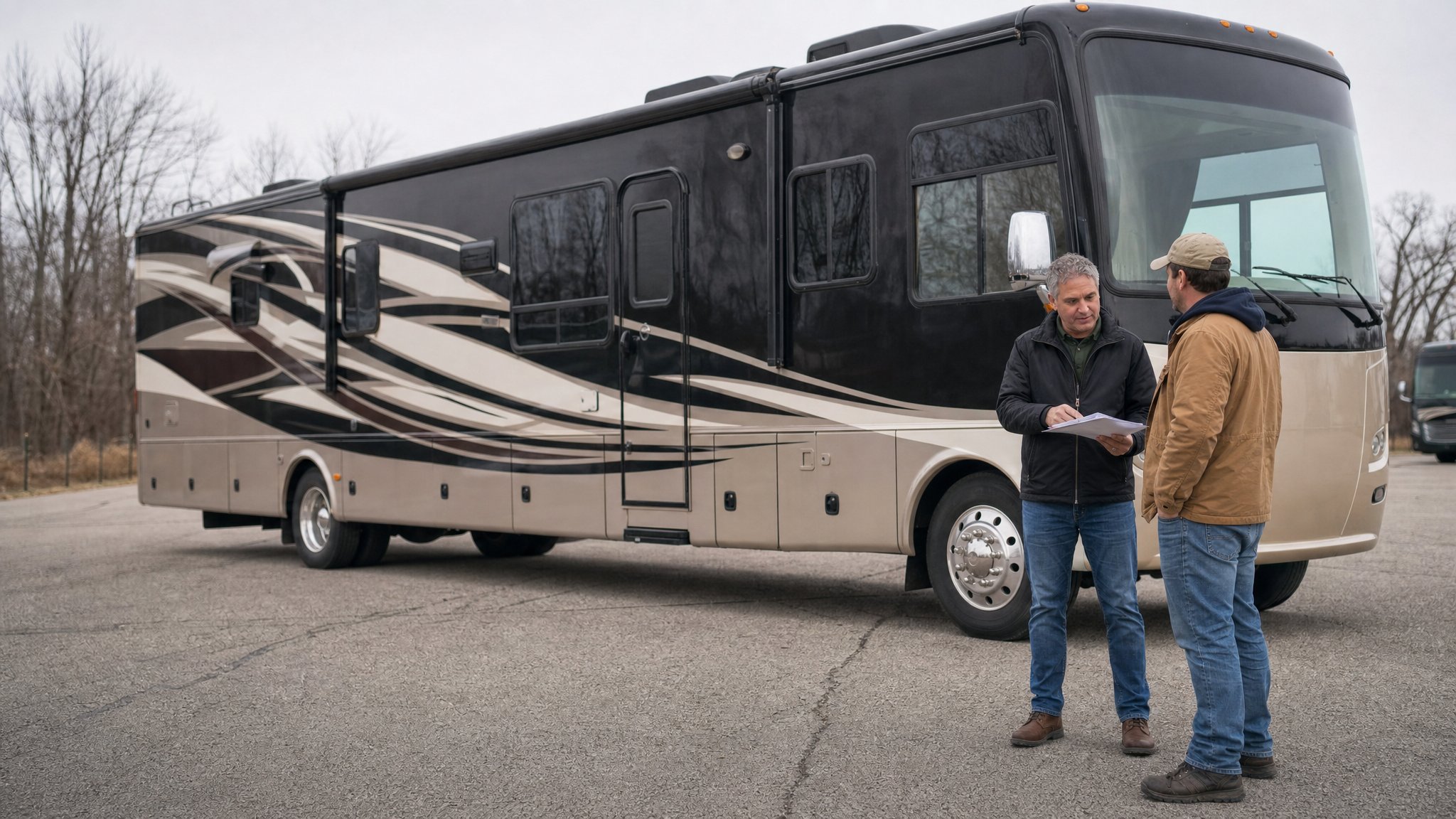 Buyer and seller discussing a purchase checklist beside a used Class A motorhome