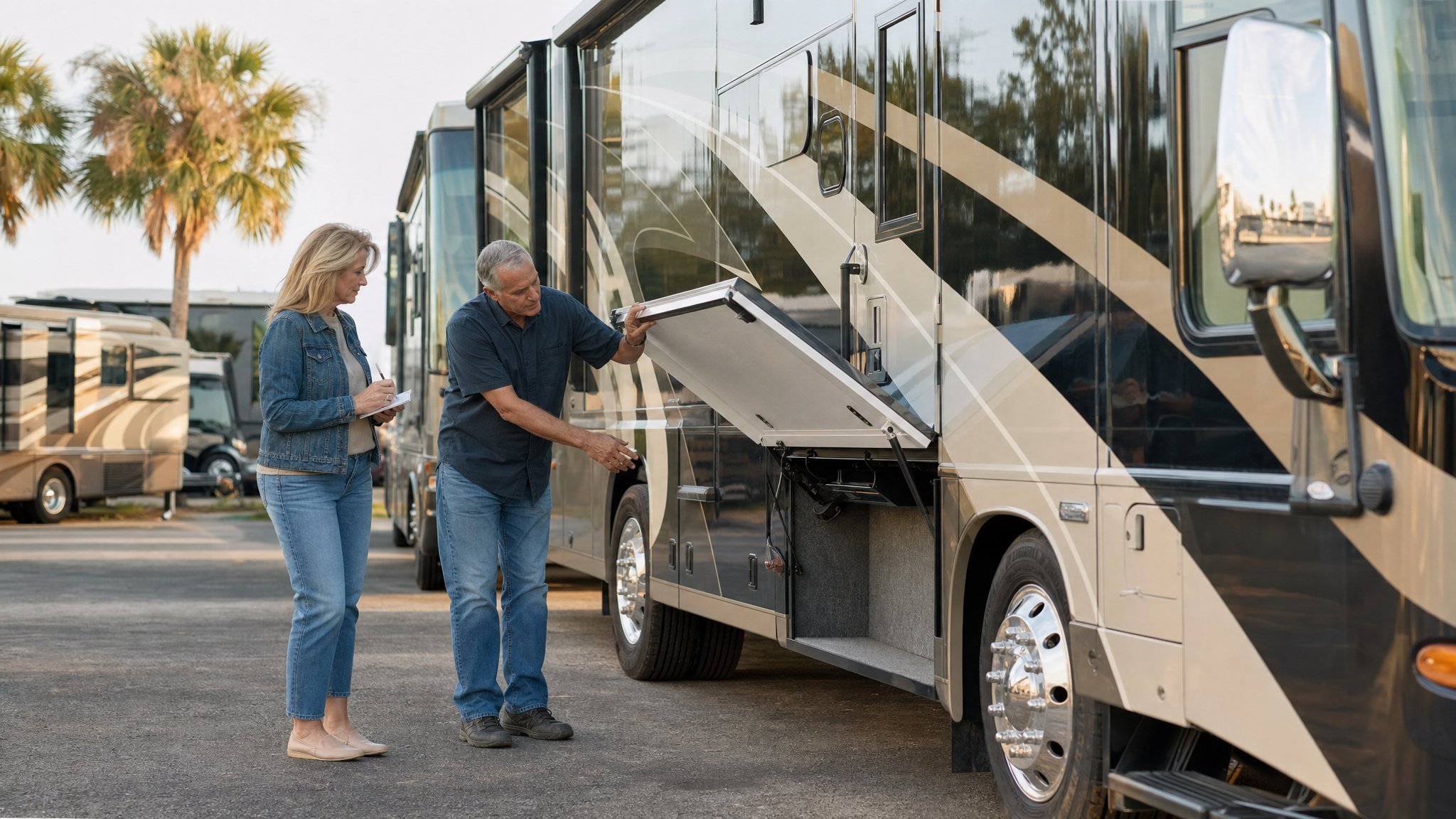 Buyer taking notes while an inspector opens a motorcoach storage compartment