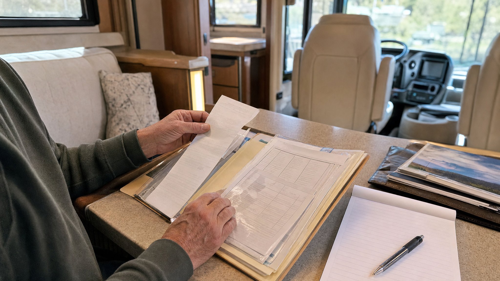 Buyer reviewing service records and checklists at a motorhome dinette