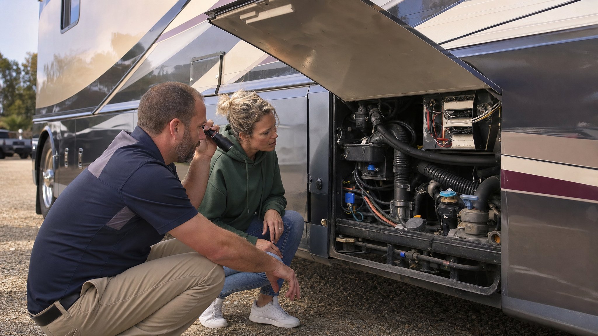 Independent inspector and buyer examining an open motorcoach utility bay