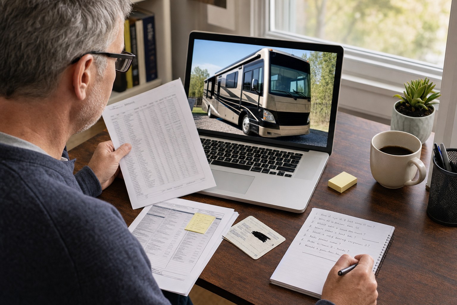 Buyer reviewing a motorhome listing, records, and questions at a desk