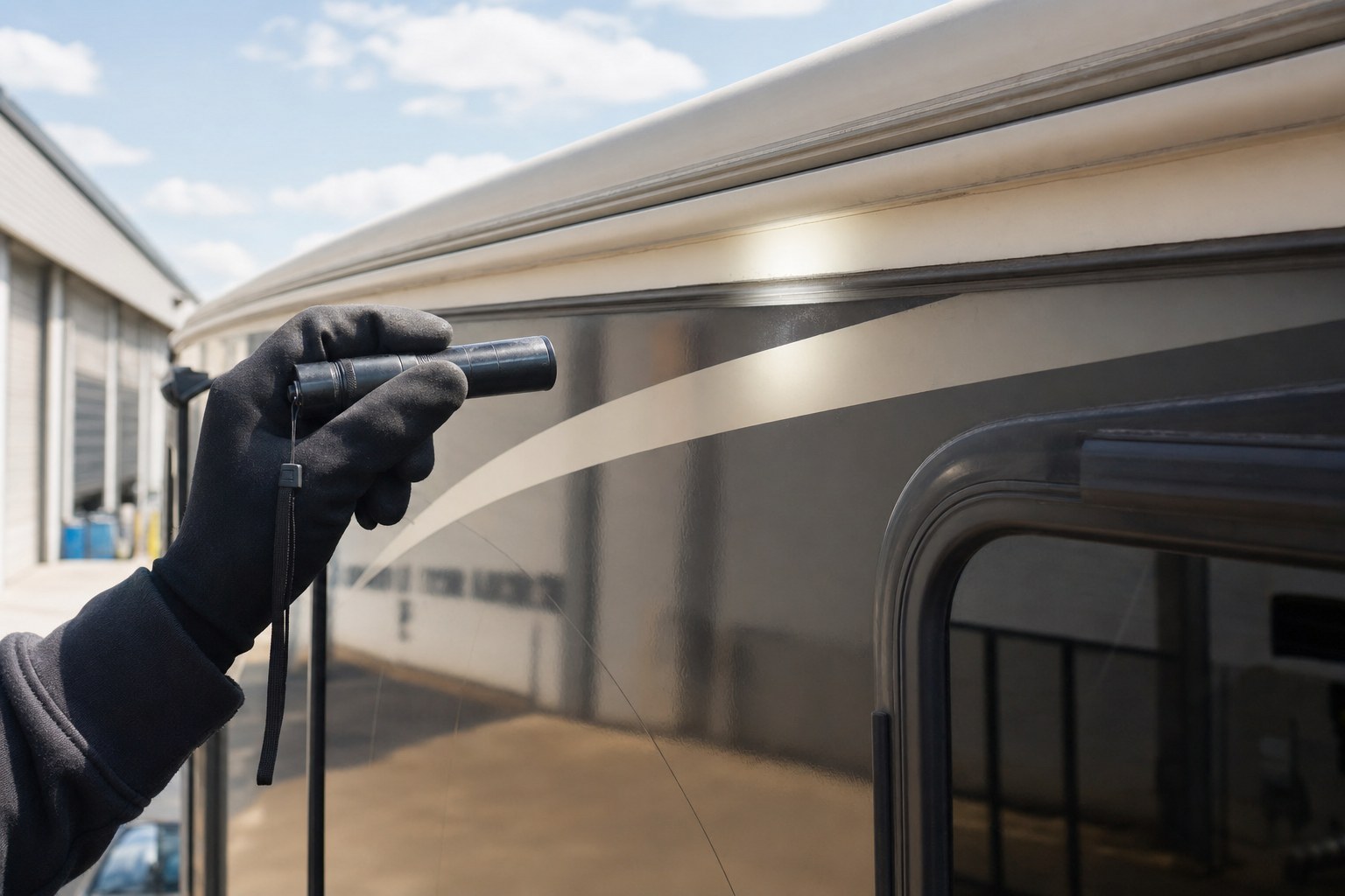 Close inspection of a motorcoach roofline and exterior seal