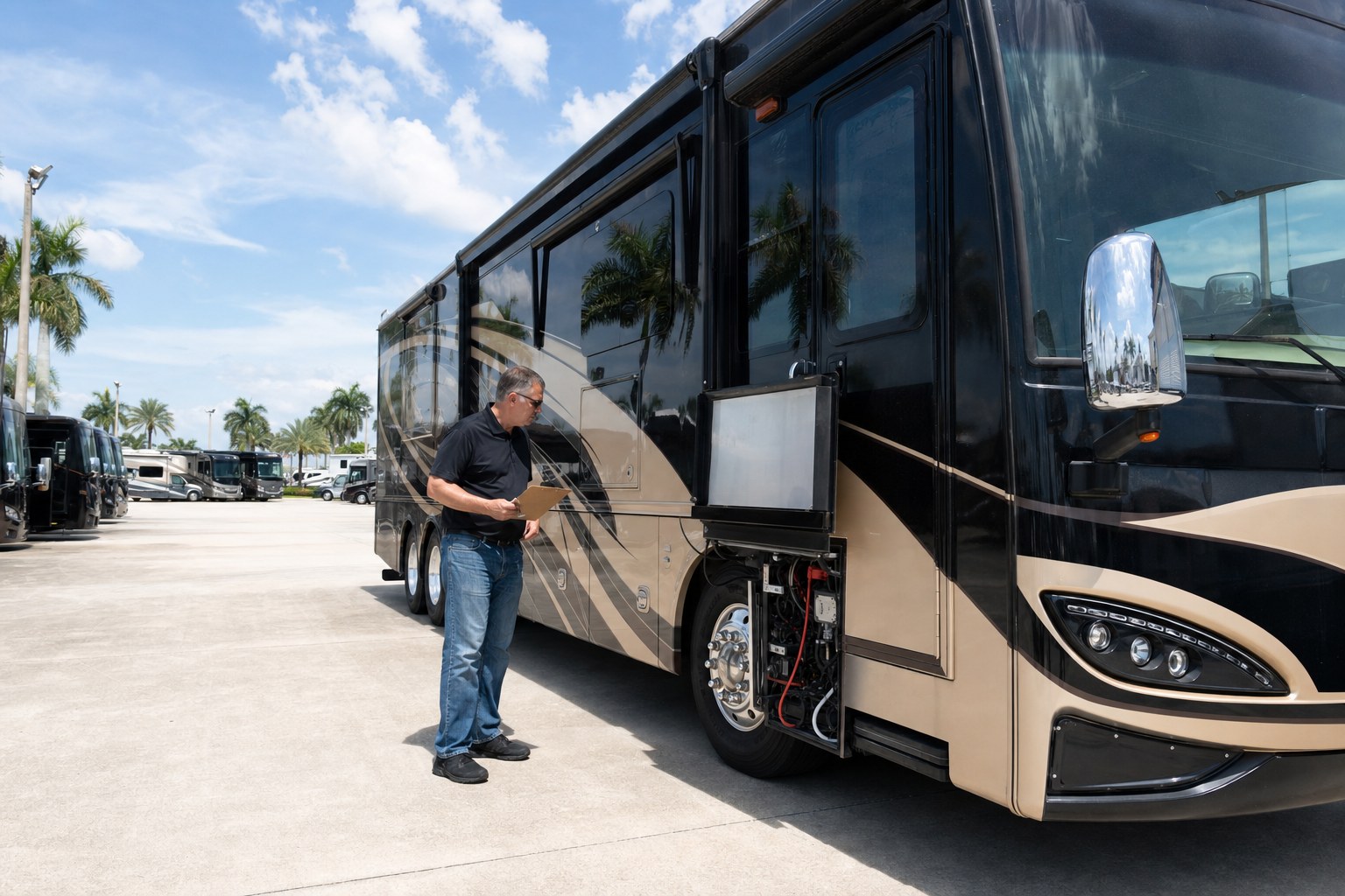 Independent inspector reviewing an open motorcoach service bay
