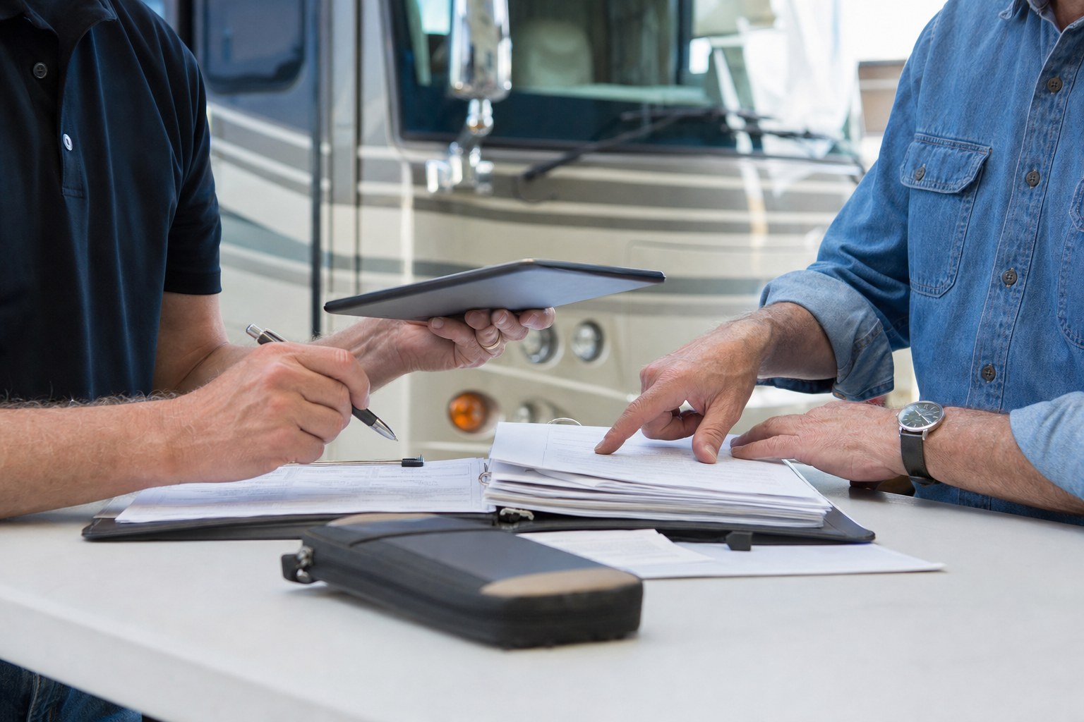 Buyer and inspector reviewing motorcoach service records and inspection notes