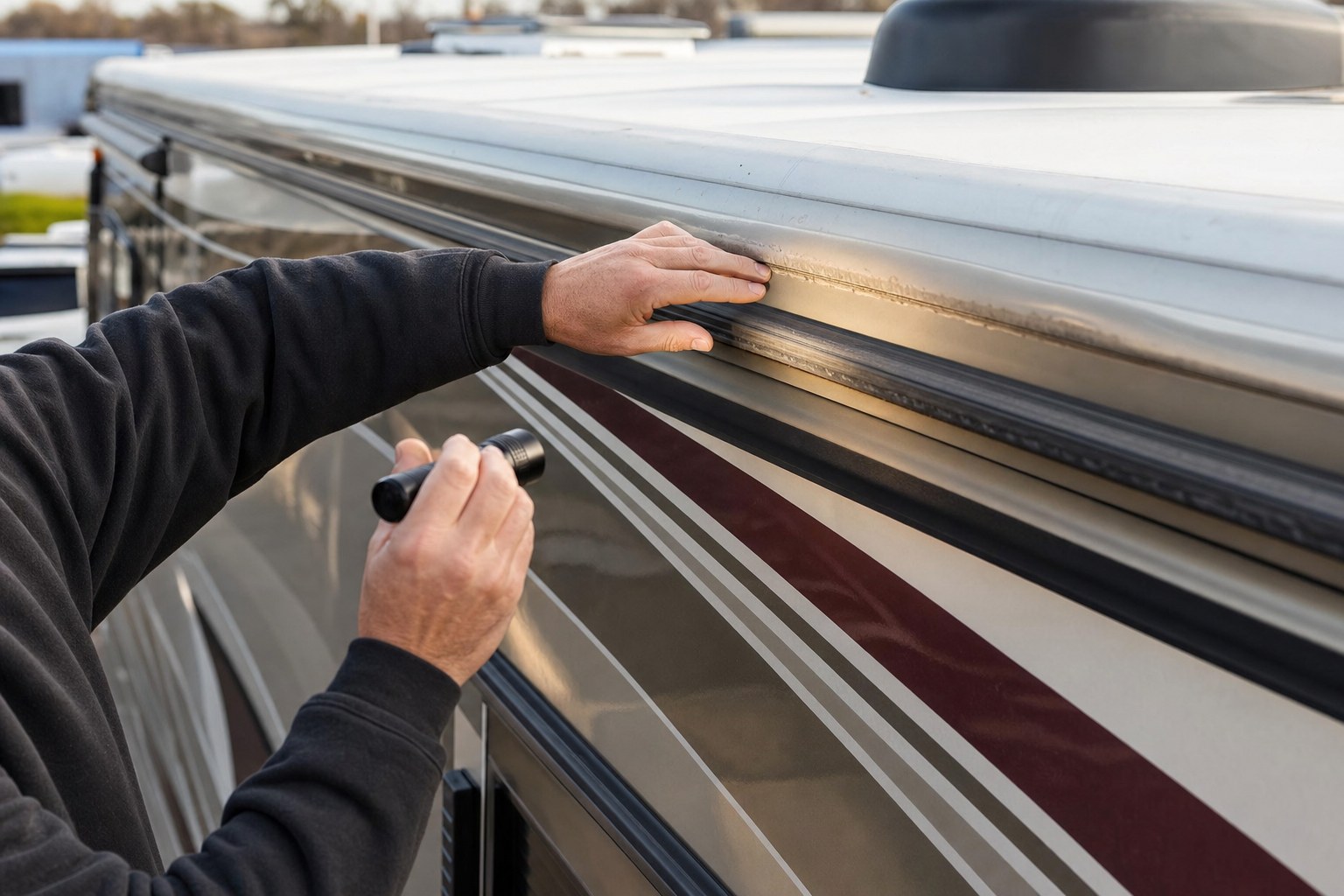 Inspector examining a motorcoach roofline and exterior seal with a flashlight