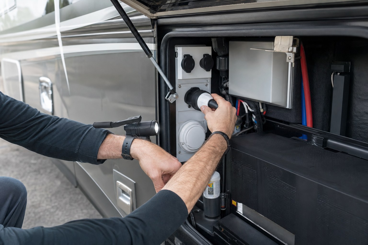 Inspector checking connections in an open motorcoach utility bay