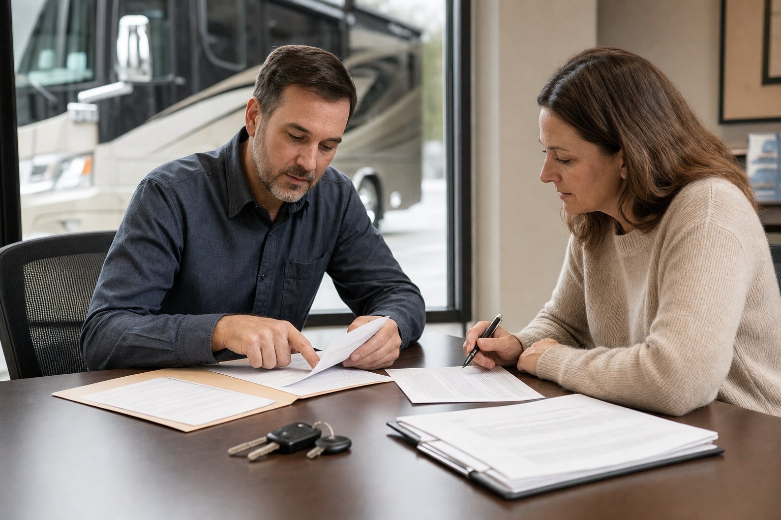 Buyers reviewing motorhome purchase documents and keys before closing