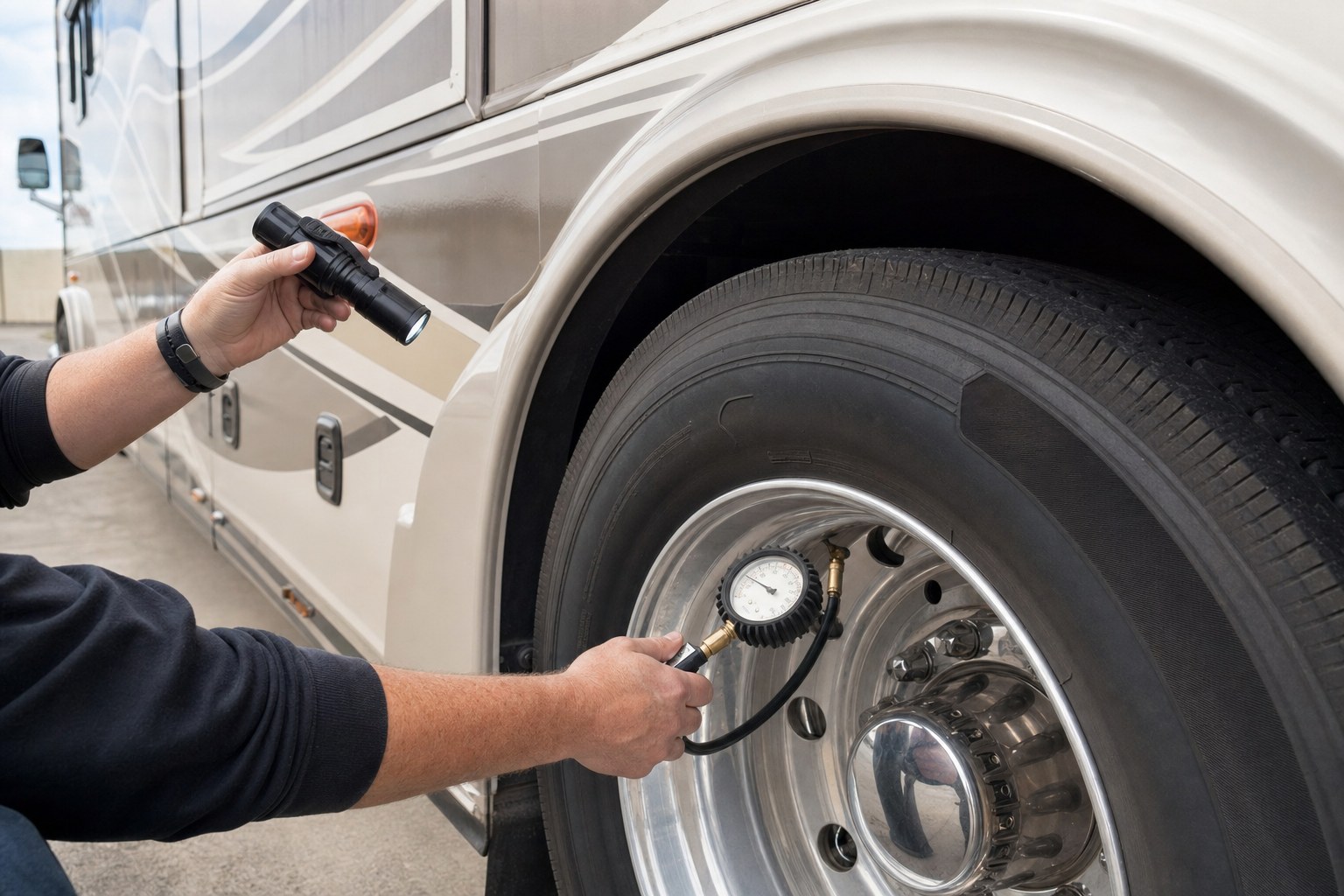 Motorcoach tire and wheel checked with a pressure gauge