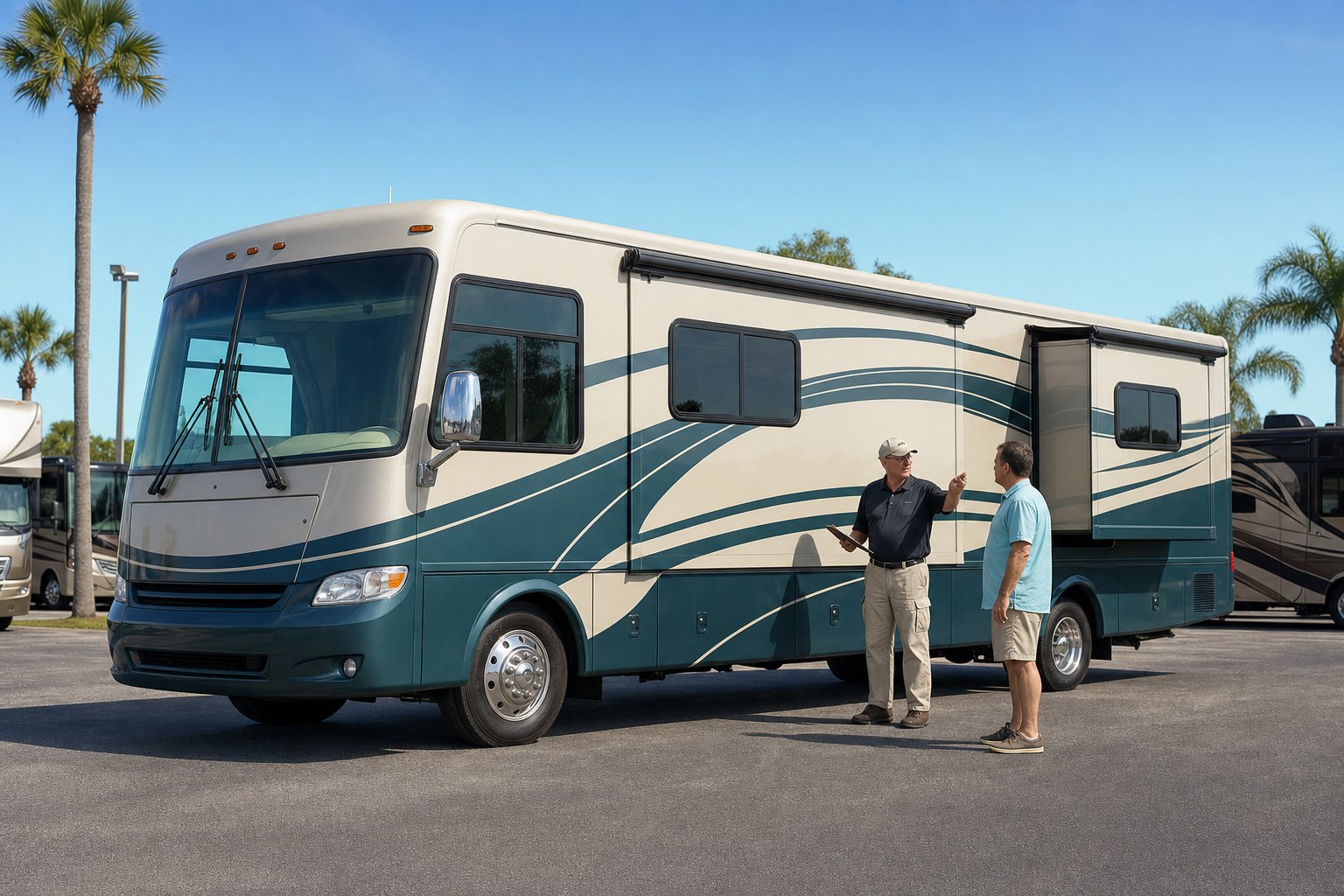 Buyer and inspector reviewing a used Class A motorhome