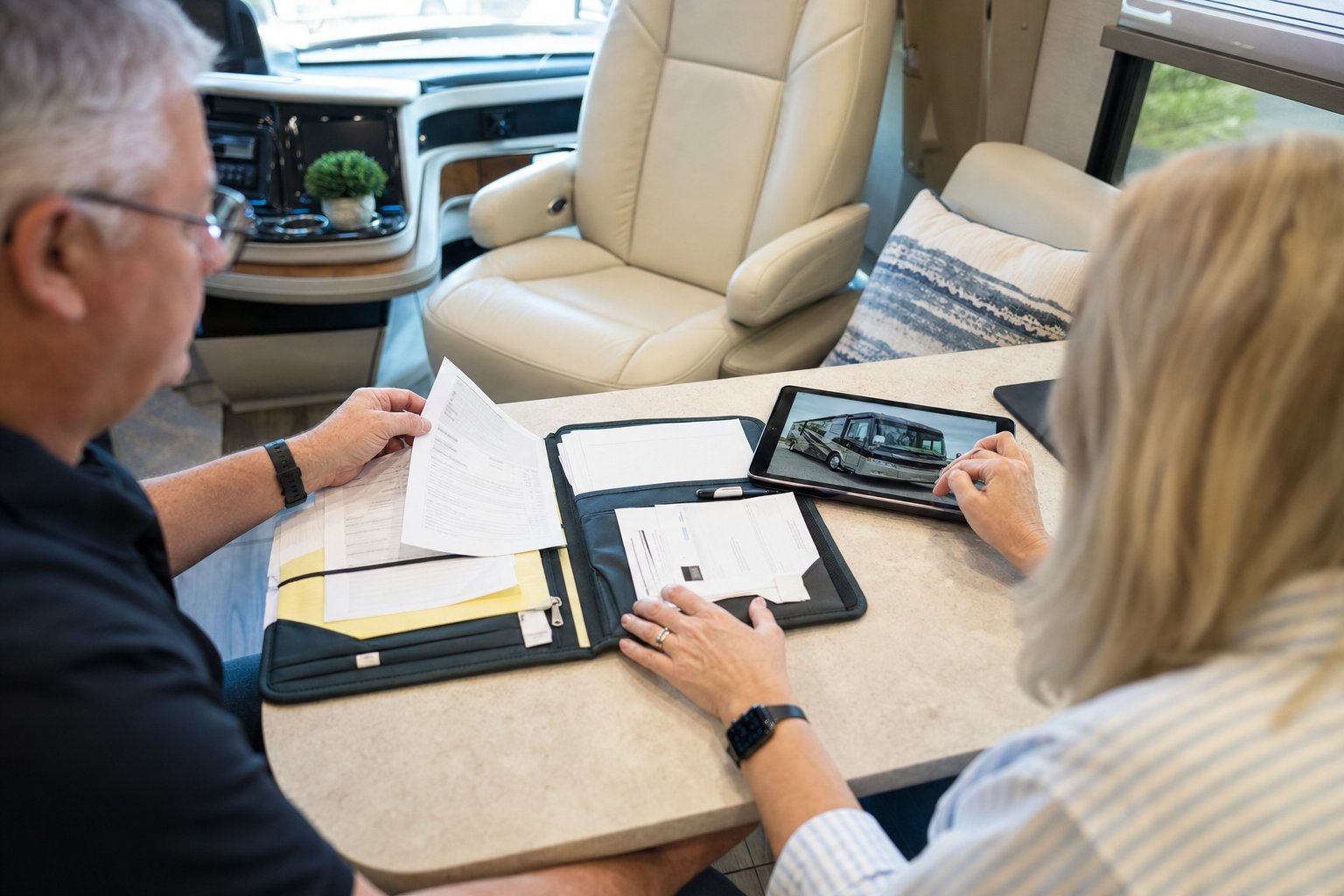 Buyers reviewing service documents and a motorhome listing inside a coach