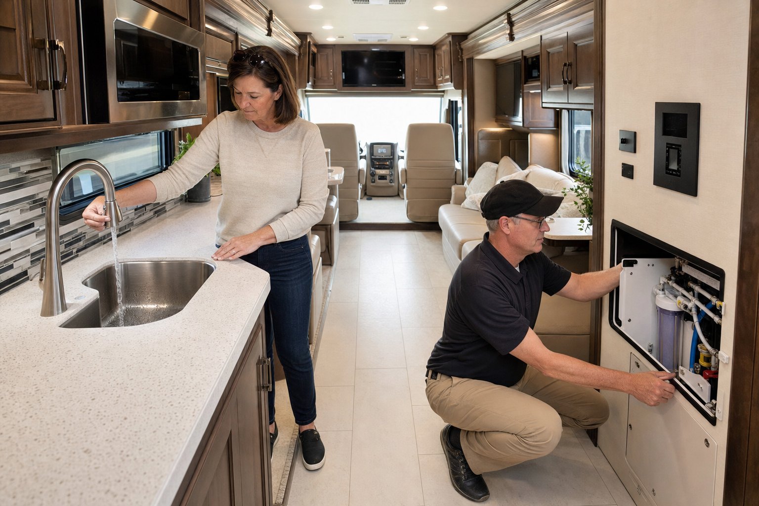 Buyer and inspector testing water and utility systems inside a motorhome