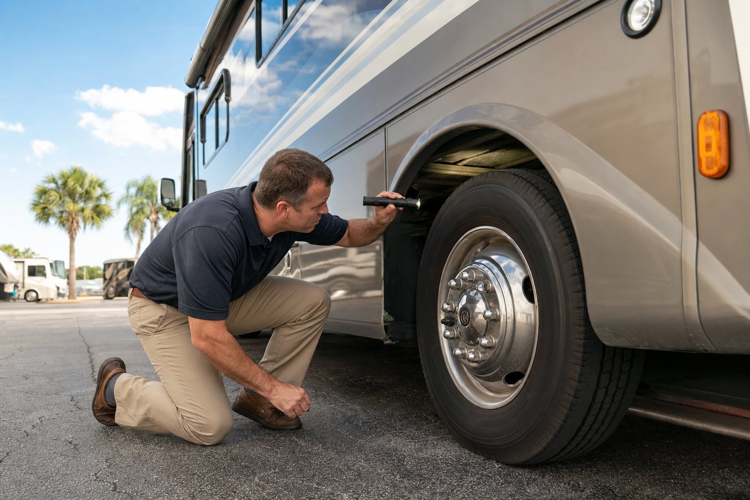 Inspector checking a motorhome wheel well and tire with a flashlight