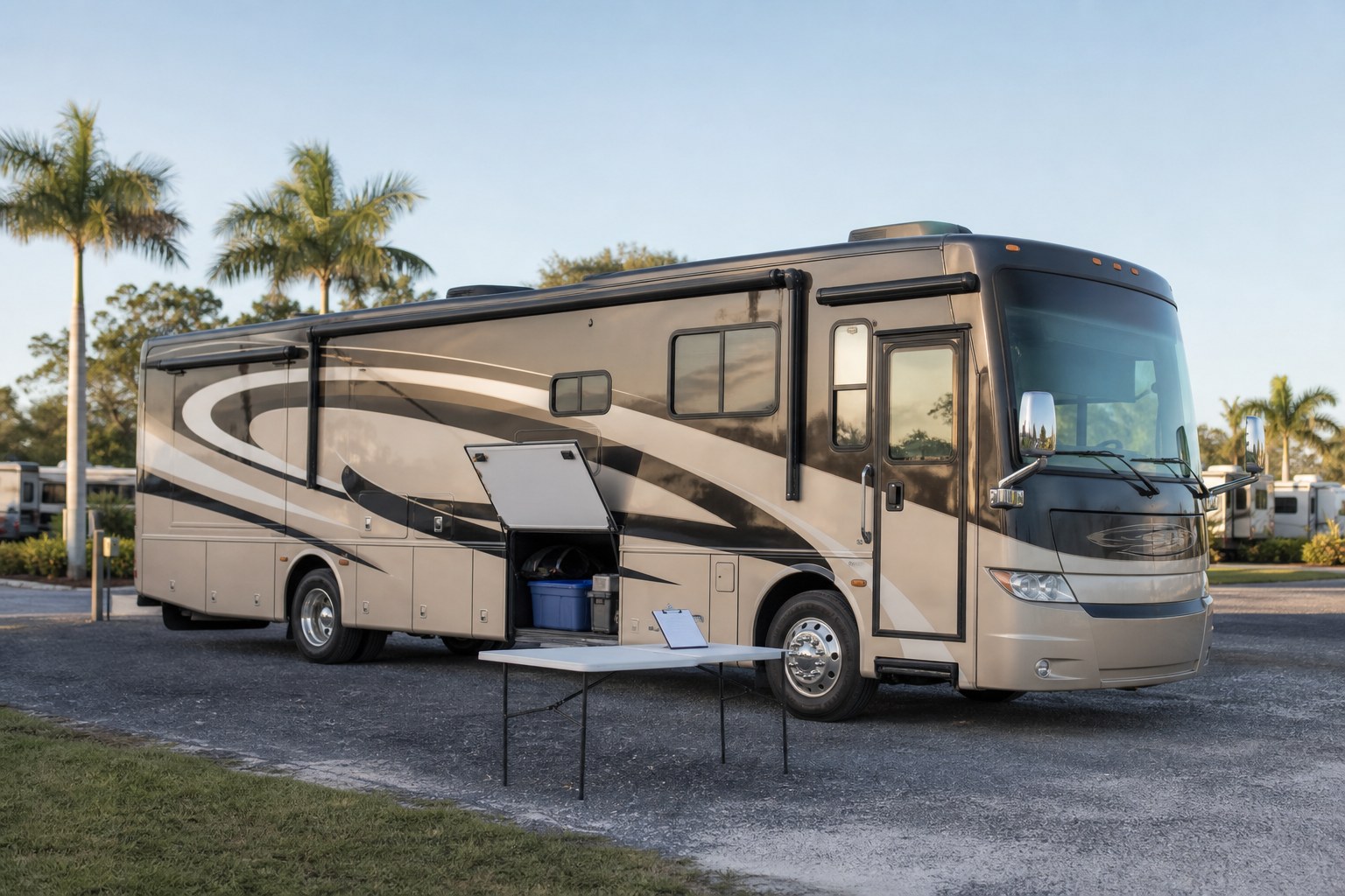 Class A motorcoach with an open storage bay and a buying checklist