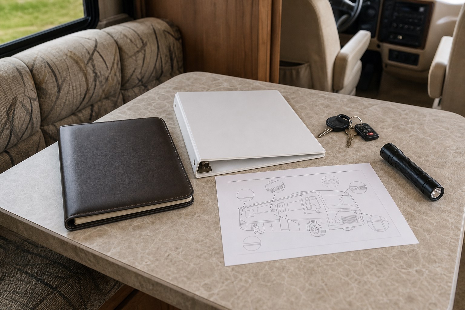 Maintenance binder, keys, flashlight, and motorcoach reference sheet on an RV dinette