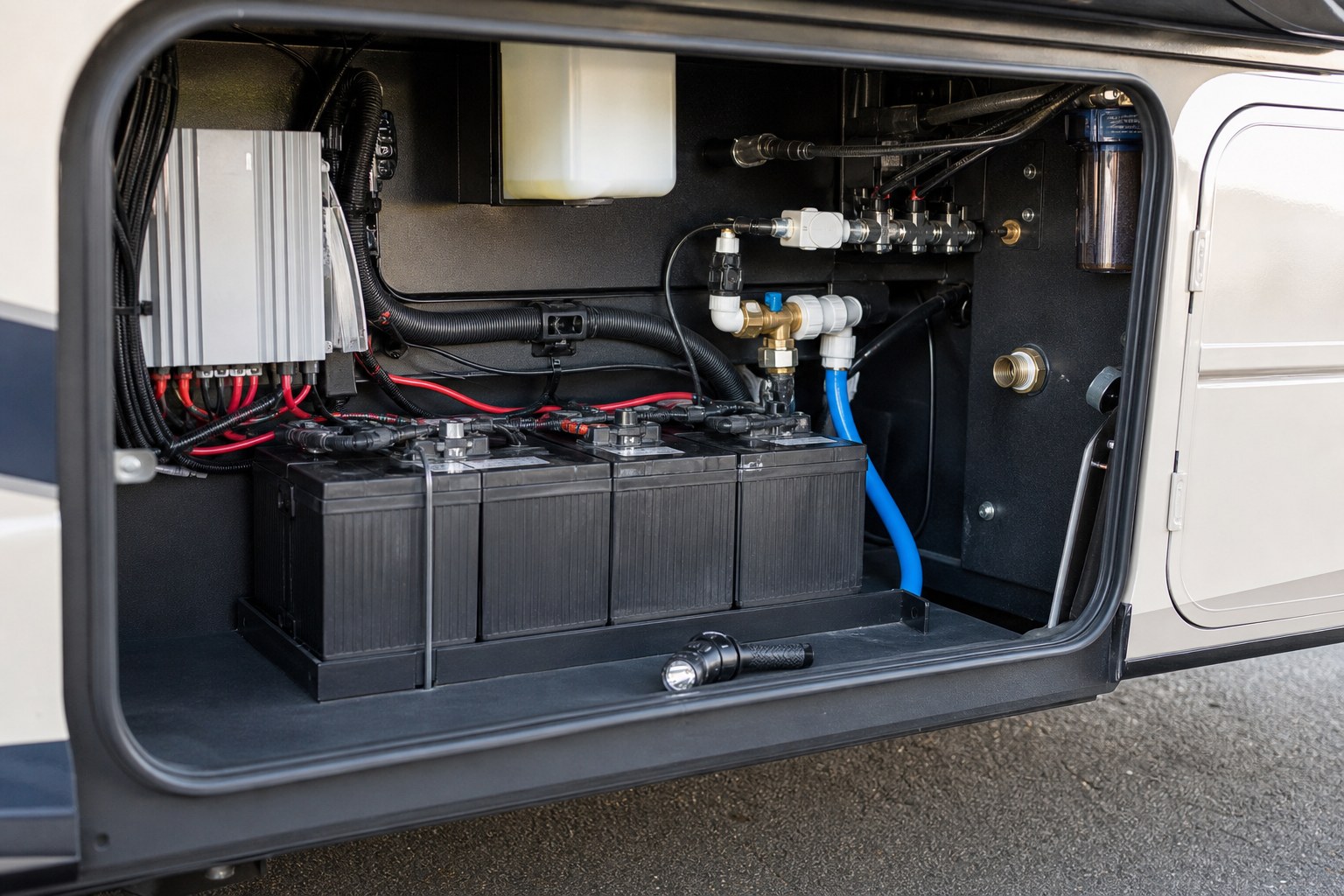 Accessible motorcoach utility bay with batteries, wiring, and water connections