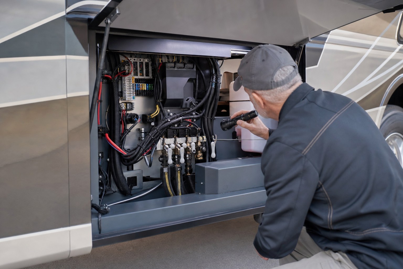 Inspector examining an open motorcoach electrical and utility bay