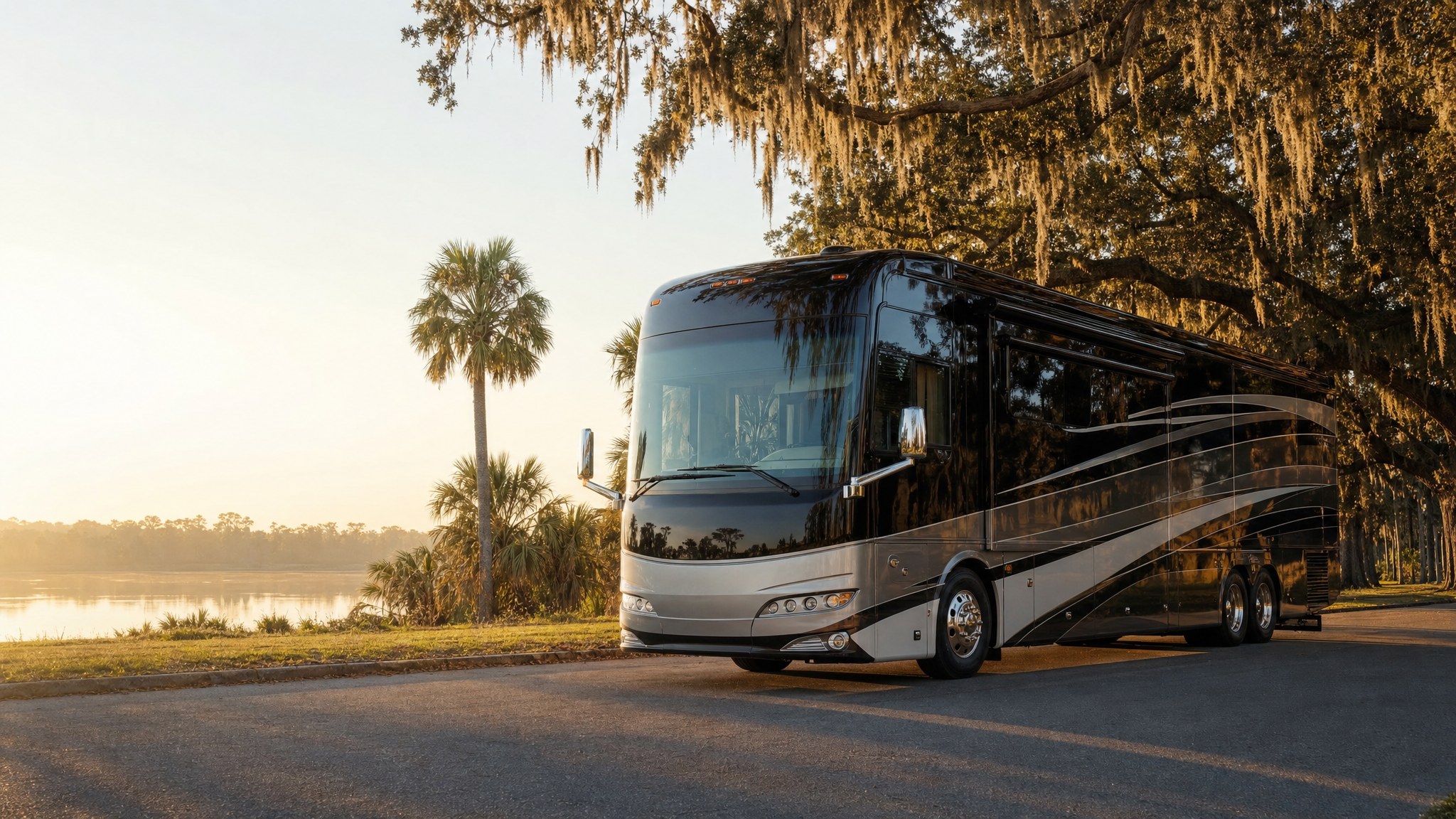 Luxury motorcoach beside a Central Florida lake