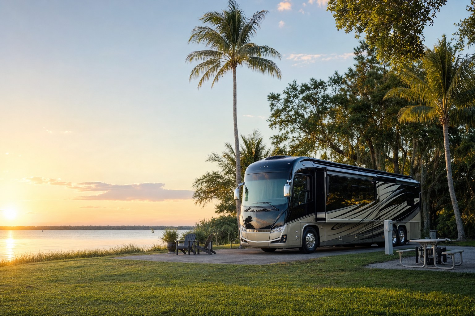 Luxury motorcoach parked beside a Central Florida lake