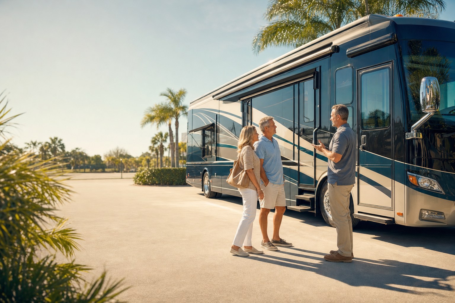 Prospective owner reviewing a motorcoach with an independent advisor
