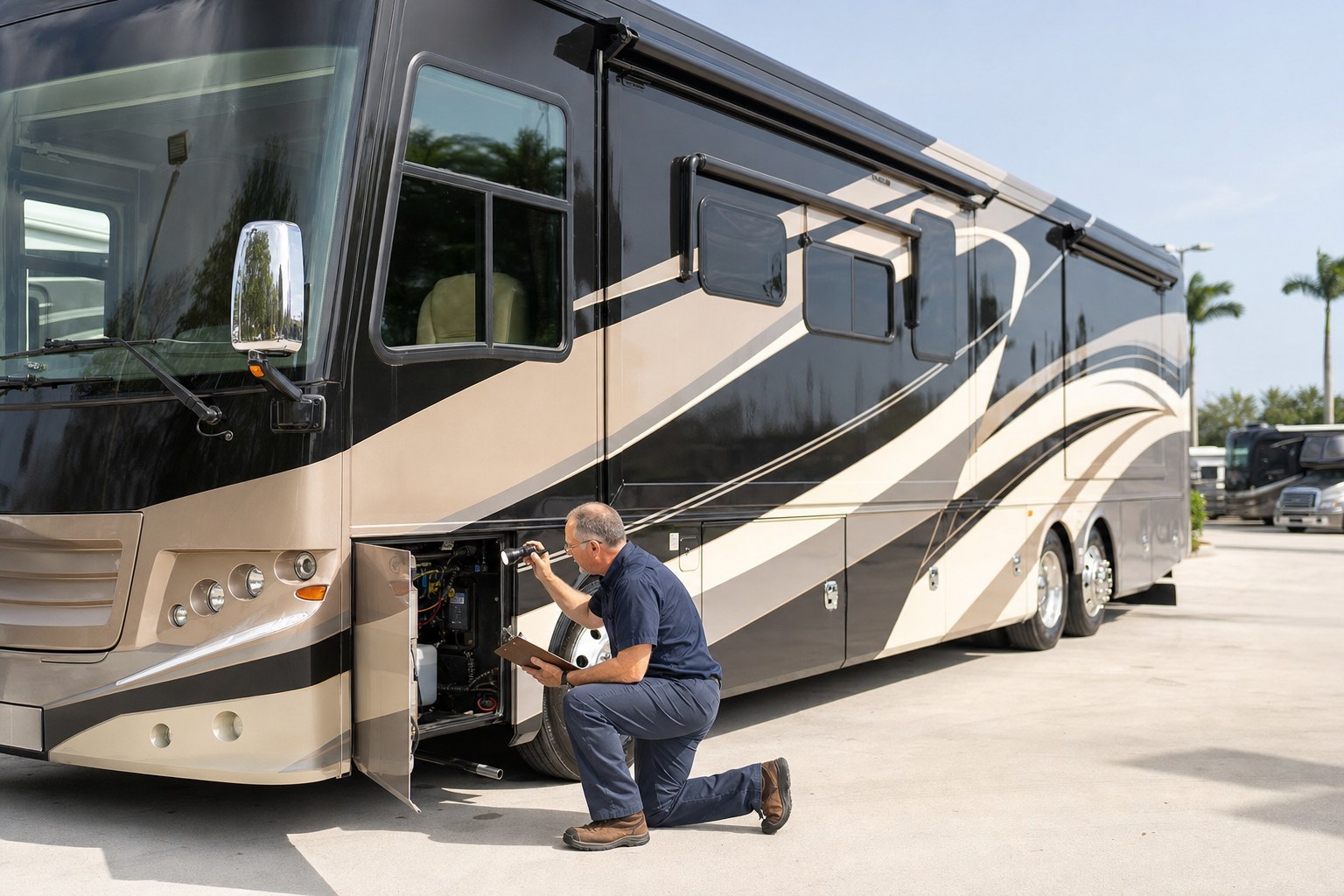 Independent RV inspector reviewing a Class A motorcoach