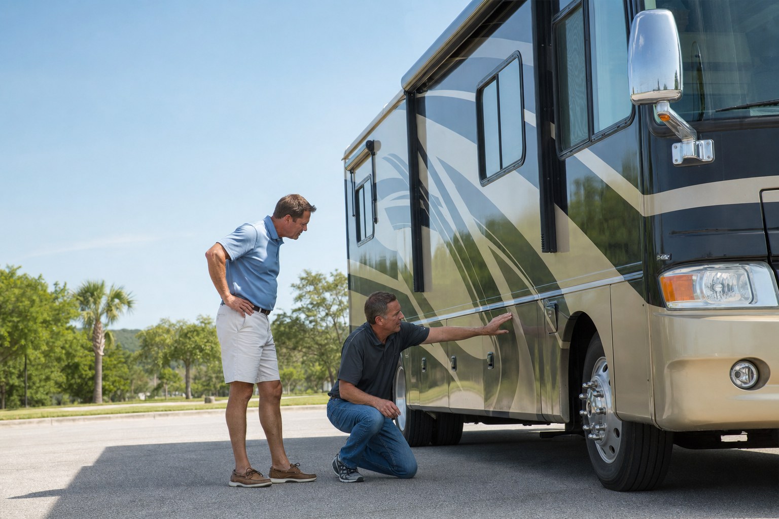 Buyer and inspector reviewing a used Class A motorhome
