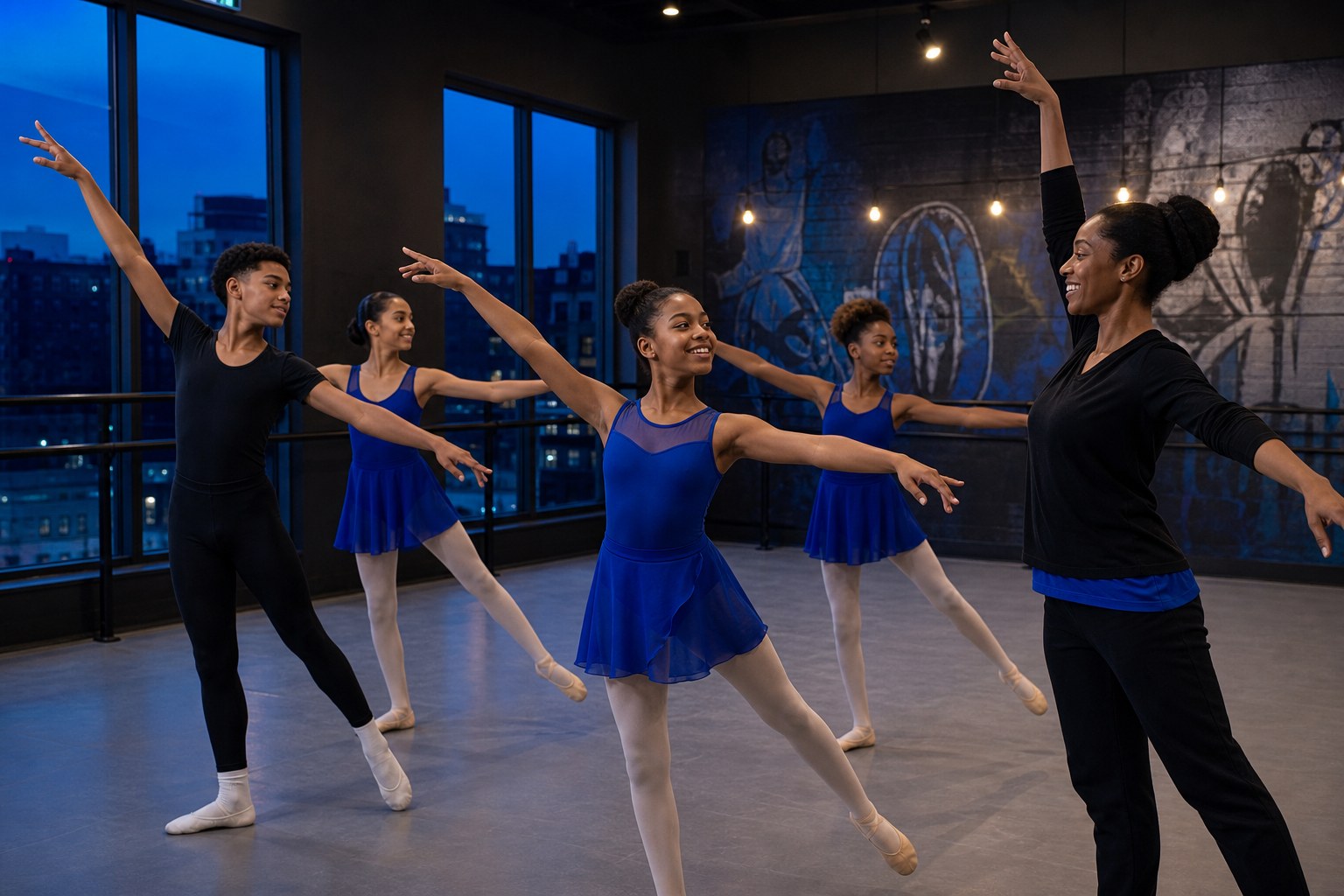 Young dancers practicing ballet with a teacher in a bright blue-hour studio