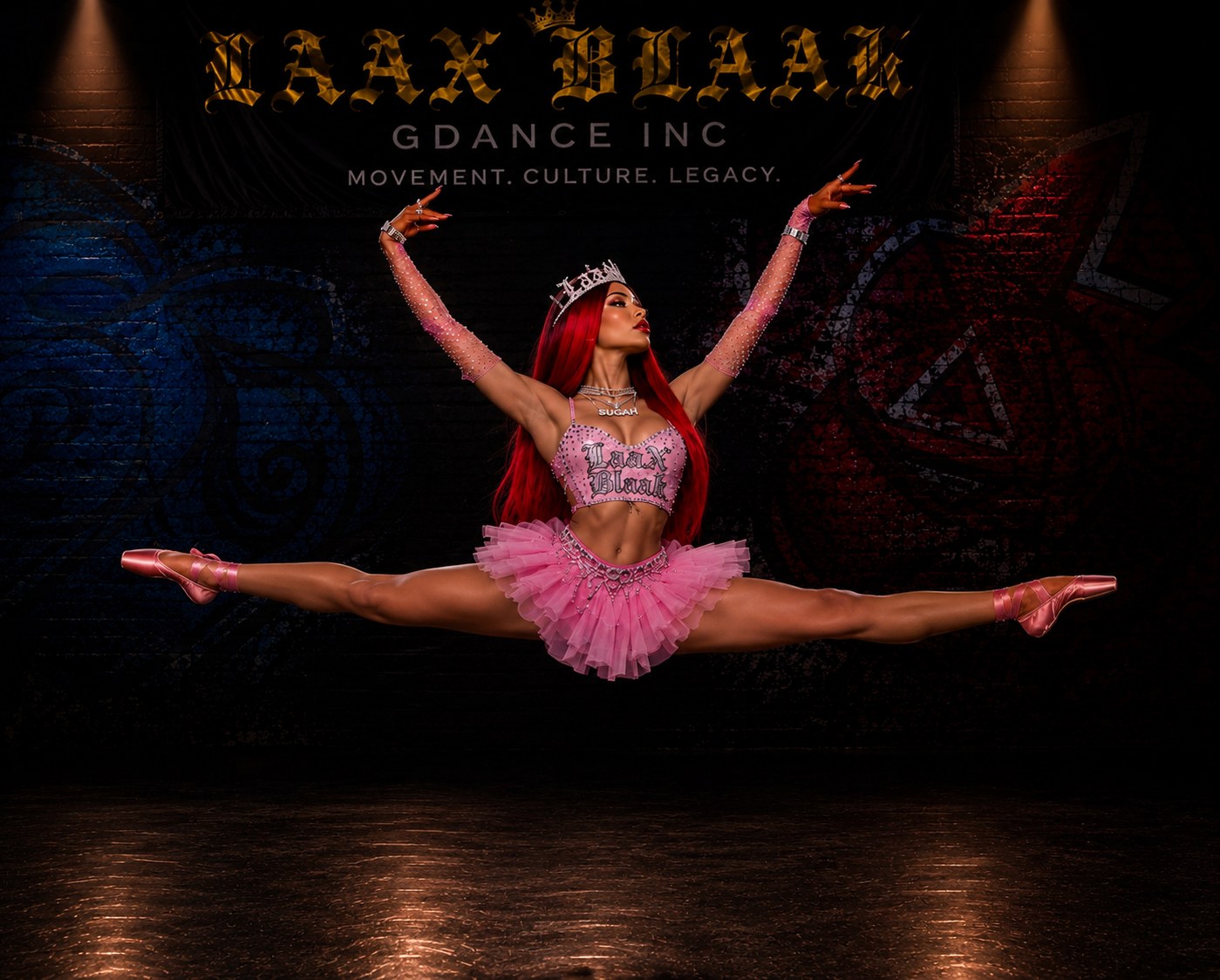LAX BLaaK ballerina in pink holding a split leap onstage