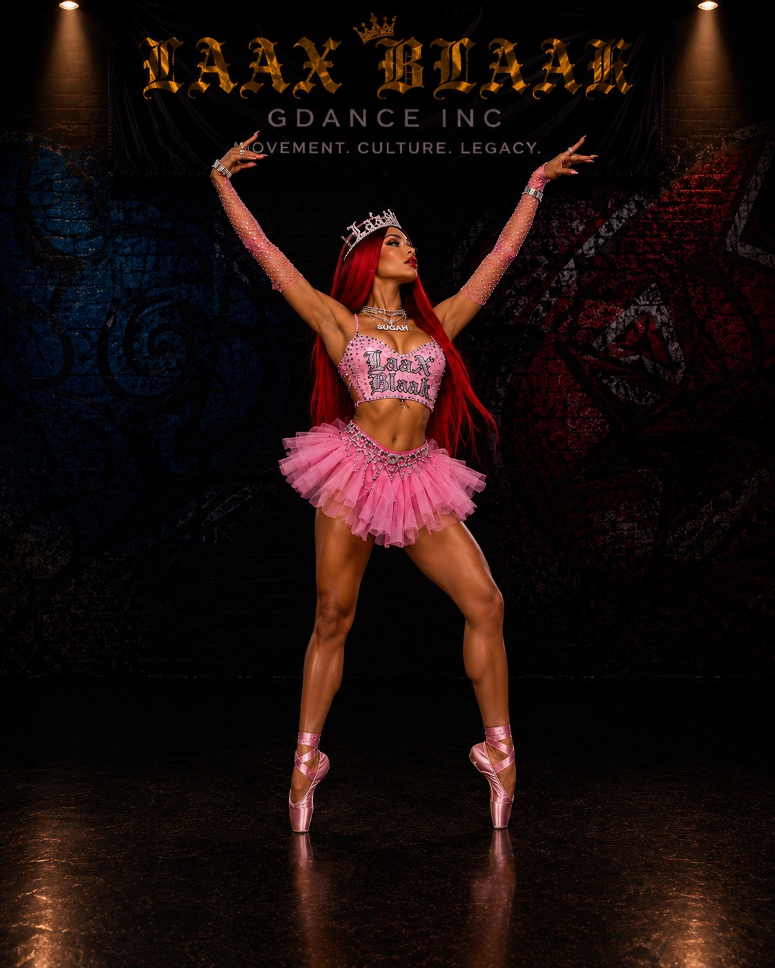 LAX BLaaK ballerina in pink holding a high extension onstage