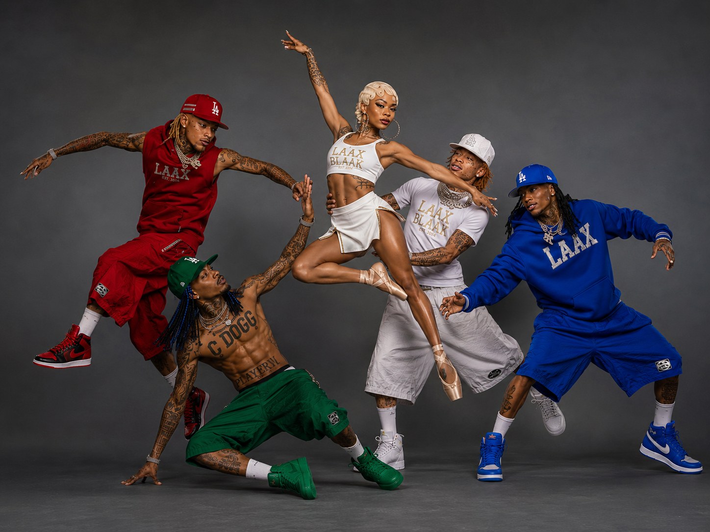 LAX BLaaK company posed in colorful street and ballet styling