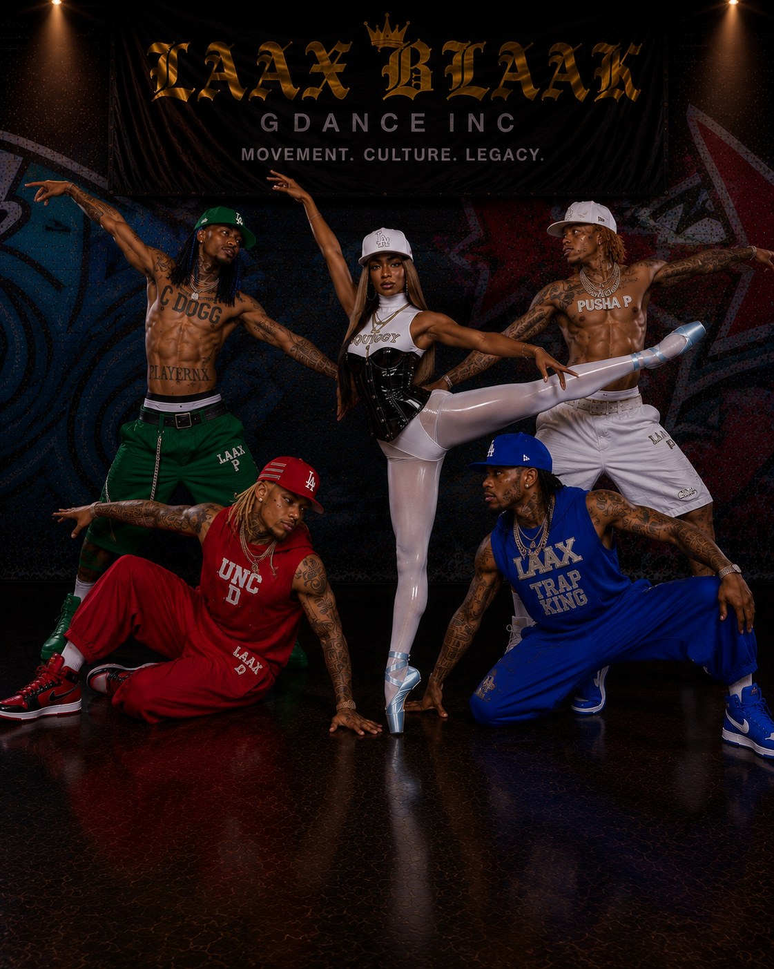 LAX BLaaK dancers in a group lift and street ballet pose