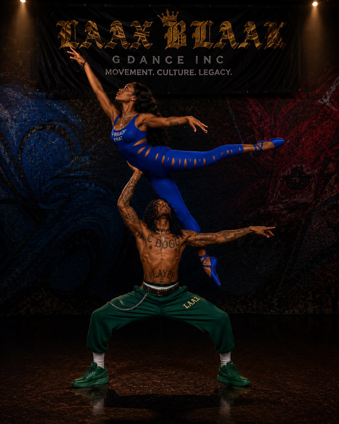 LAX BLaaK dancer lifting a partner in a blue extension