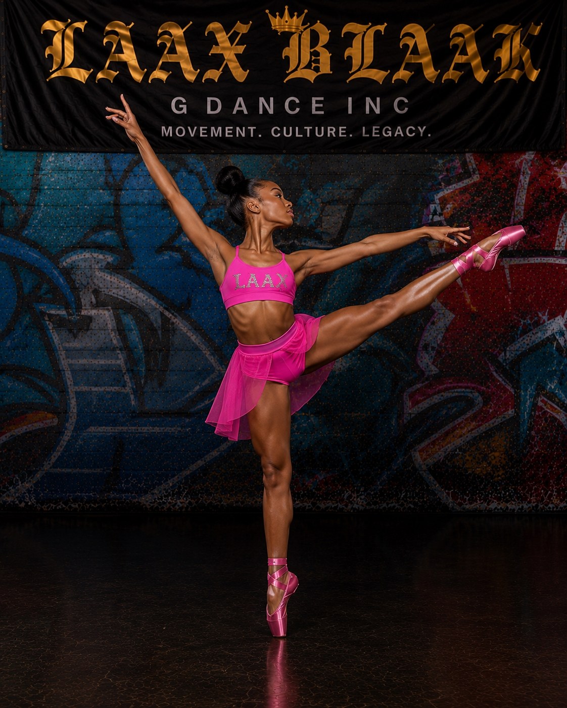LAX BLaaK ballerina in pink holding a side extension