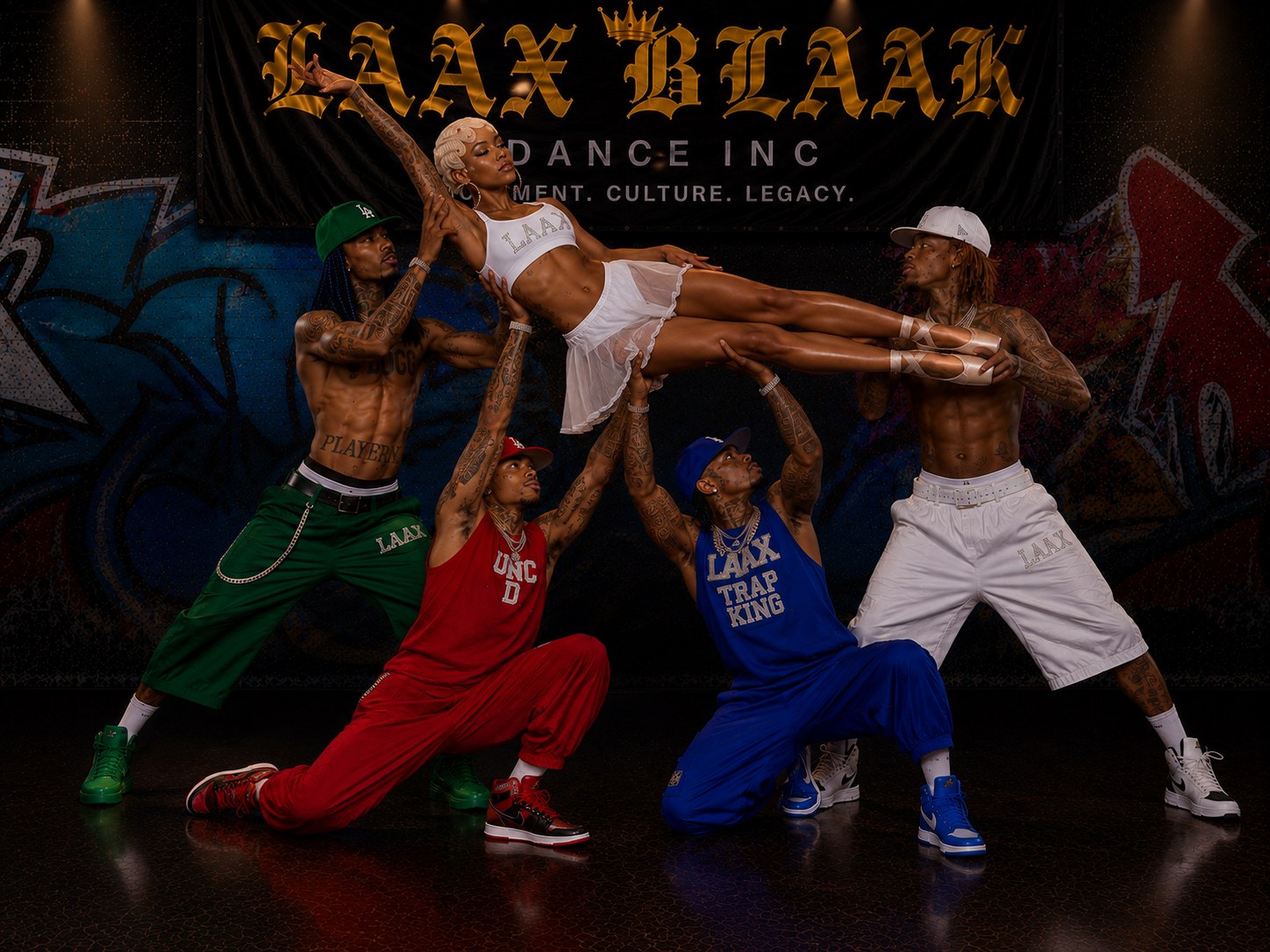 LAX BLaaK dancers holding a synchronized street ballet tableau
